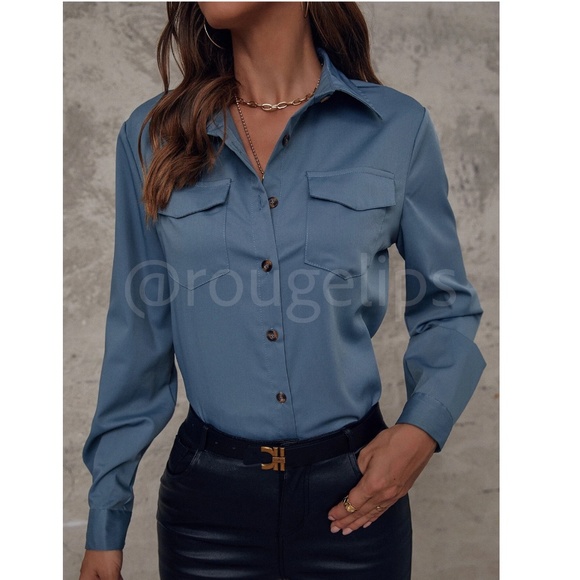 Blue Casual Button Up / Down Shirt Collar, V-Neck Button Front Long Sleeve - Picture 7 of 10